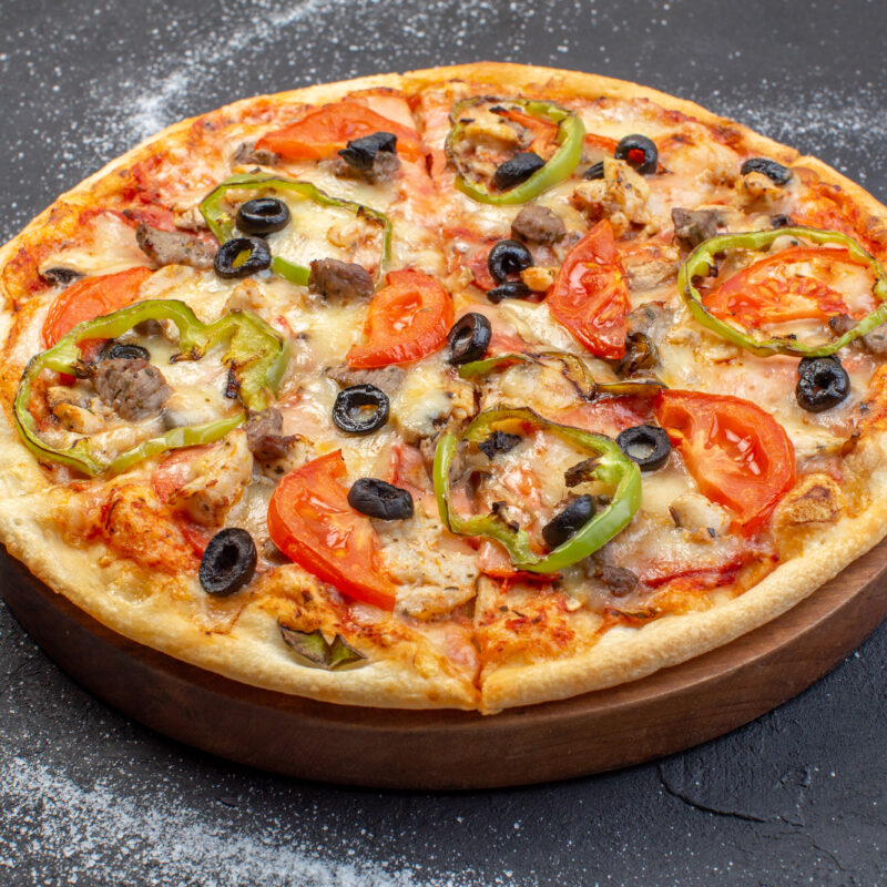 front-view-cheese-pizza-consists-olives-pepper-tomatoes-dark-surface