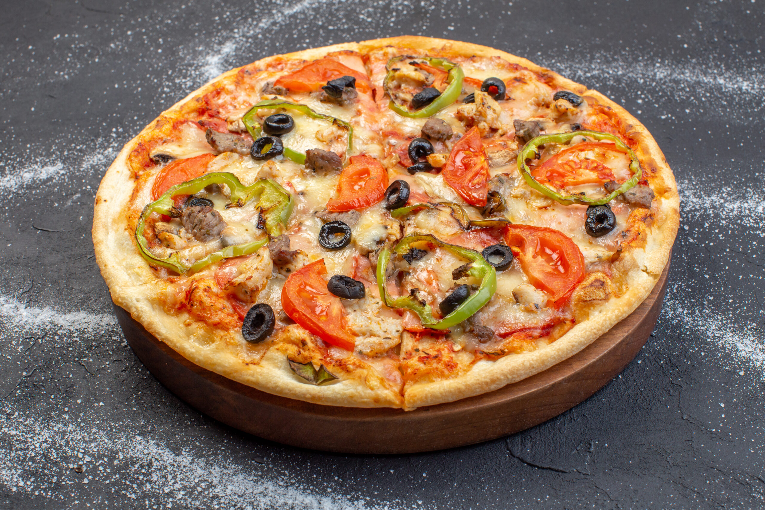 front-view-cheese-pizza-consists-olives-pepper-tomatoes-dark-surface