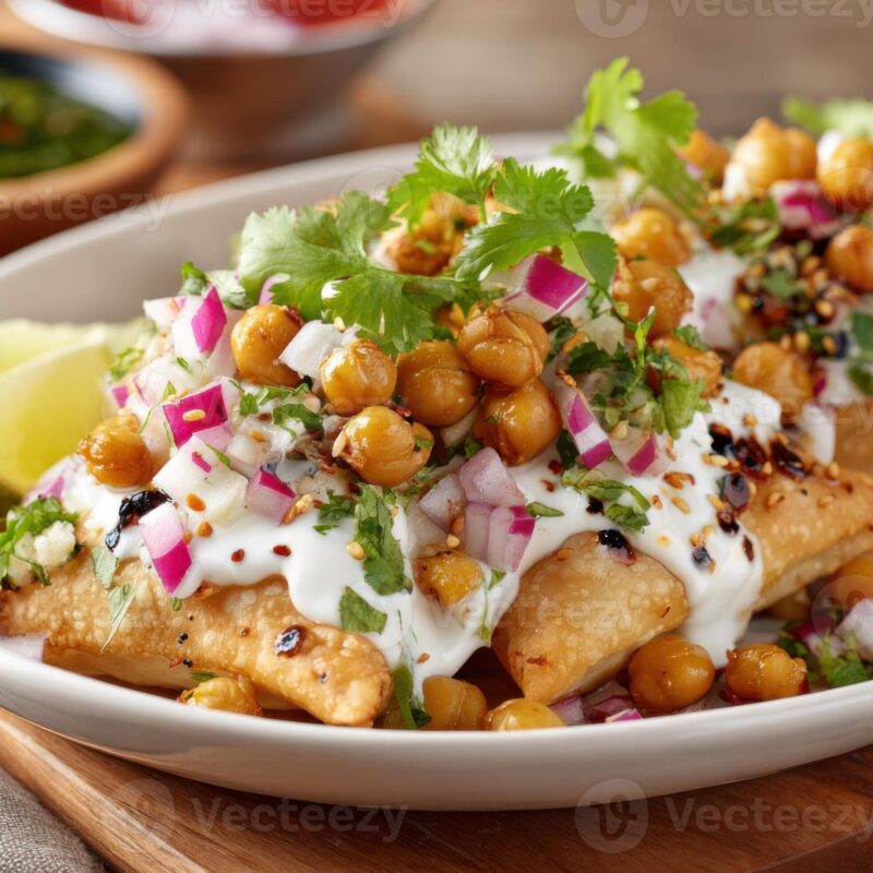 samosa-chaat-garnished-with-chickpeas-red-onions-cilantro-and-yogurt-sauce-photo