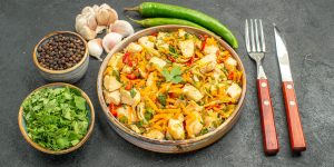 top-view-tasty-chicken-salad-with-vegetables